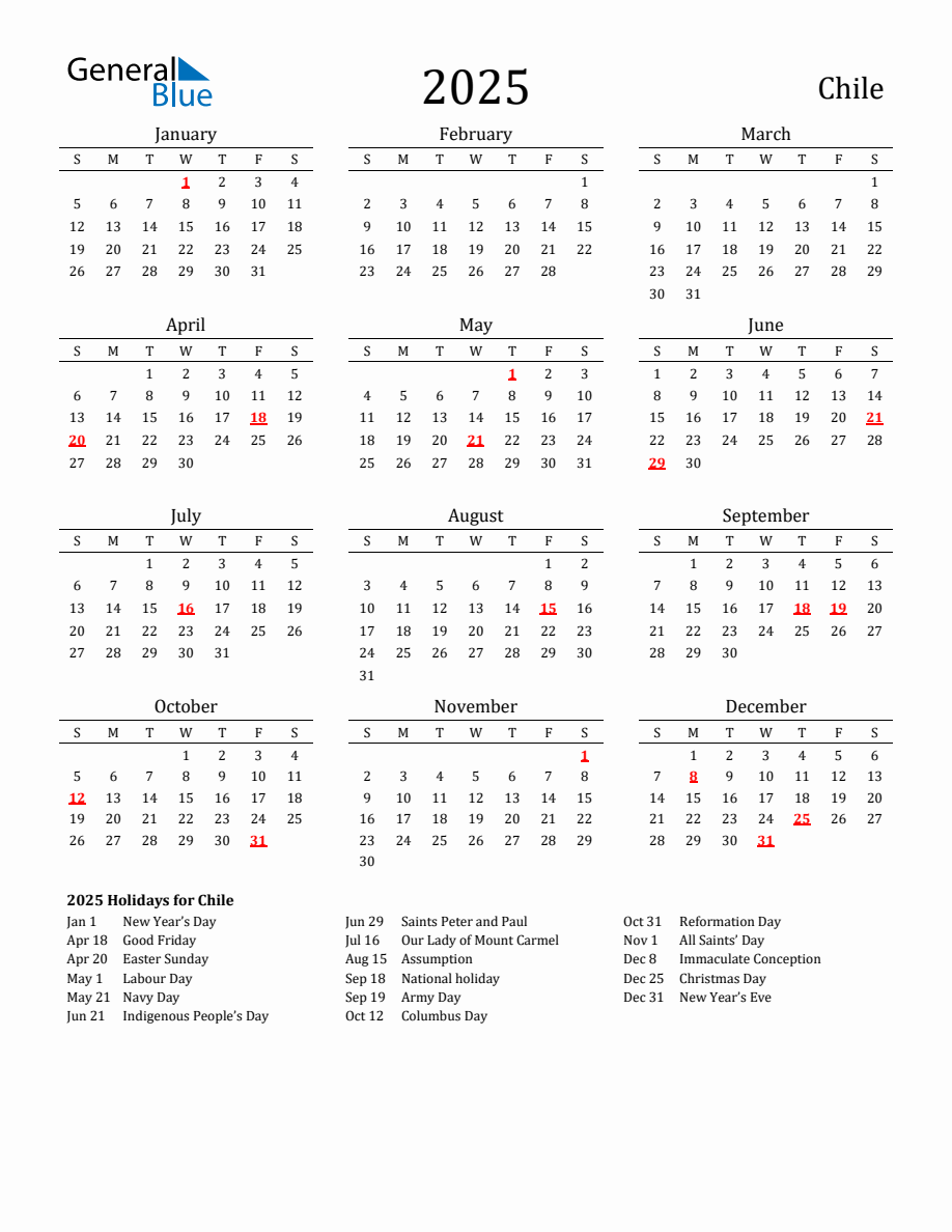 Free Chile Holidays Calendar for Year 2025