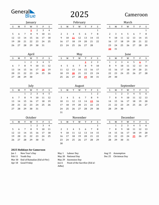 Cameroon Holidays Calendar for 2025