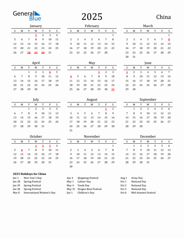 China Holidays Calendar for 2025
