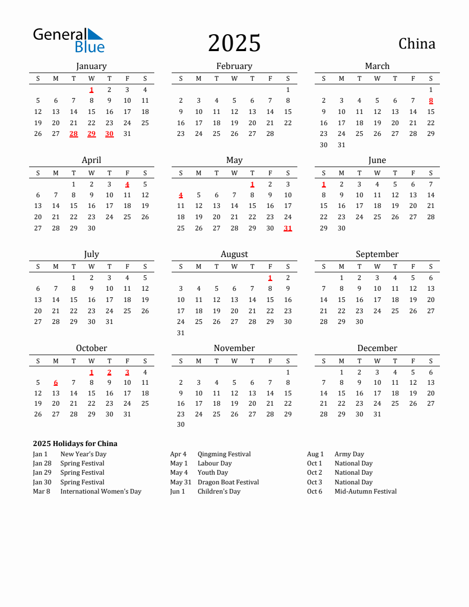 Free China Holidays Calendar for Year 2025