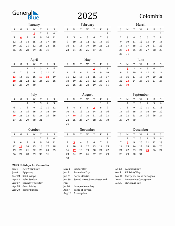 Colombia Holidays Calendar for 2025