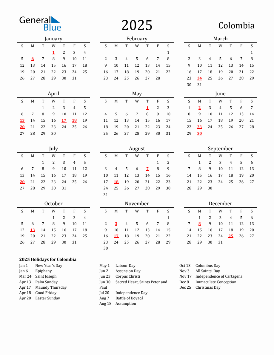 Free Colombia Holidays Calendar for Year 2025