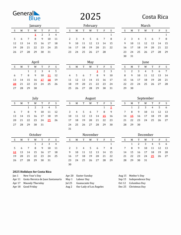 Costa Rica Holidays Calendar for 2025