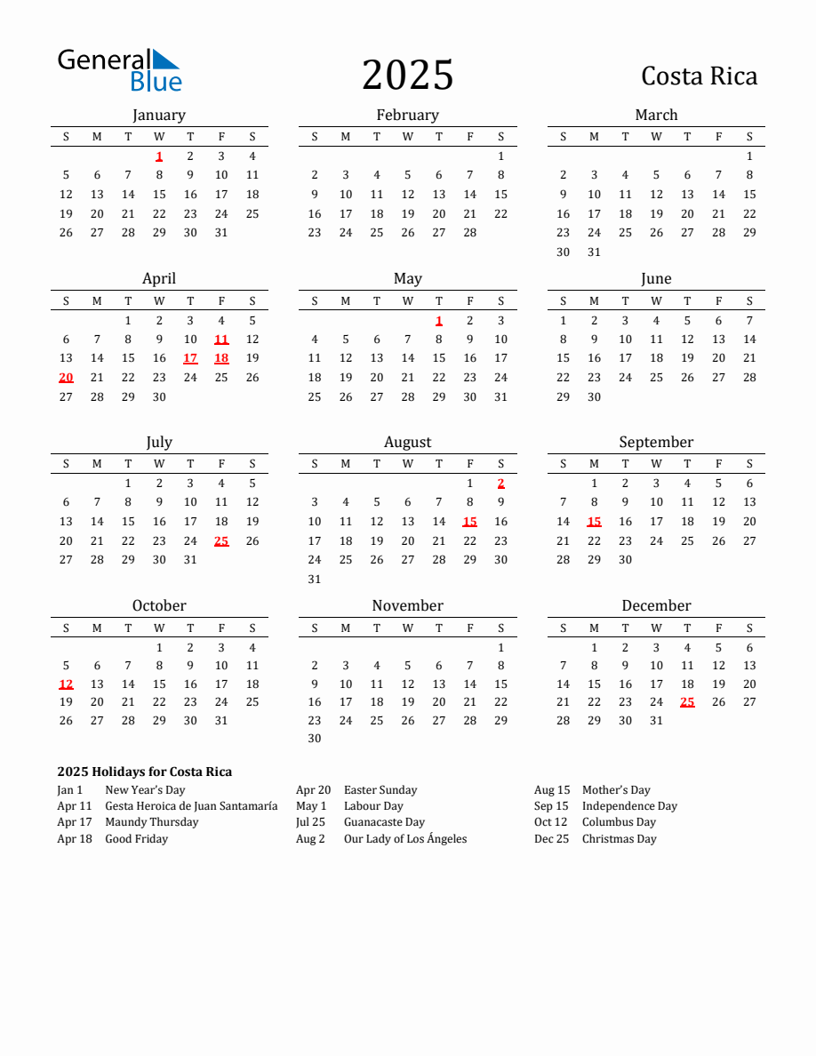 Free Costa Rica Holidays Calendar for Year 2025