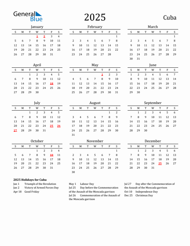 Cuba Holidays Calendar for 2025