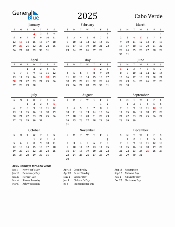 Cabo Verde Holidays Calendar for 2025