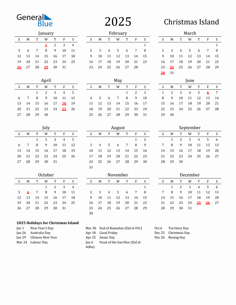 Free Christmas Island Holidays Calendar for Year 2025