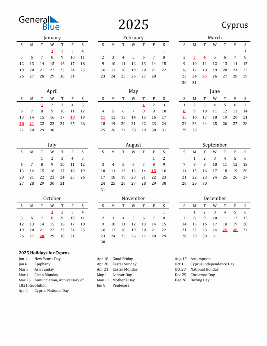 Free Cyprus Holidays Calendar for Year 2025