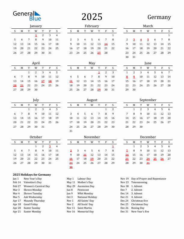 Germany Holidays Calendar for 2025