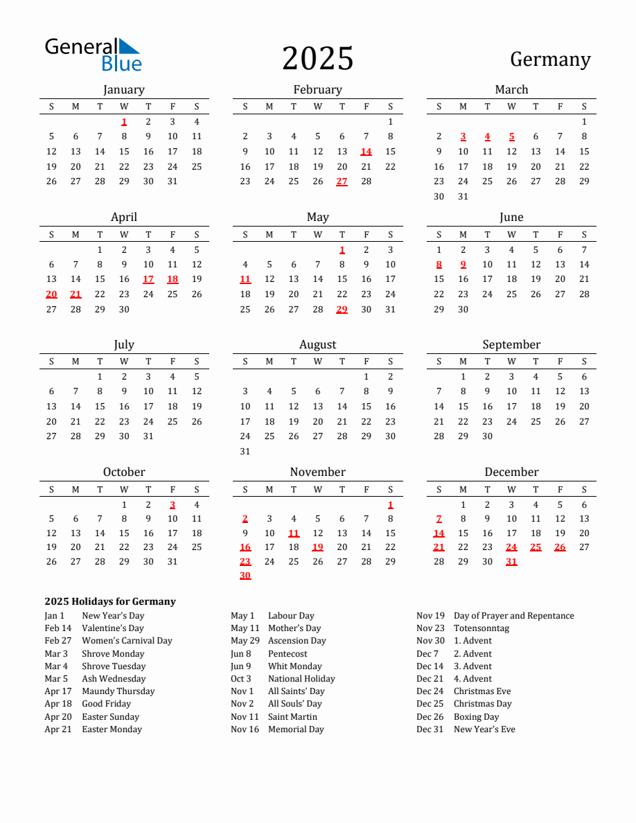 Free Germany Holidays Calendar for Year 2025