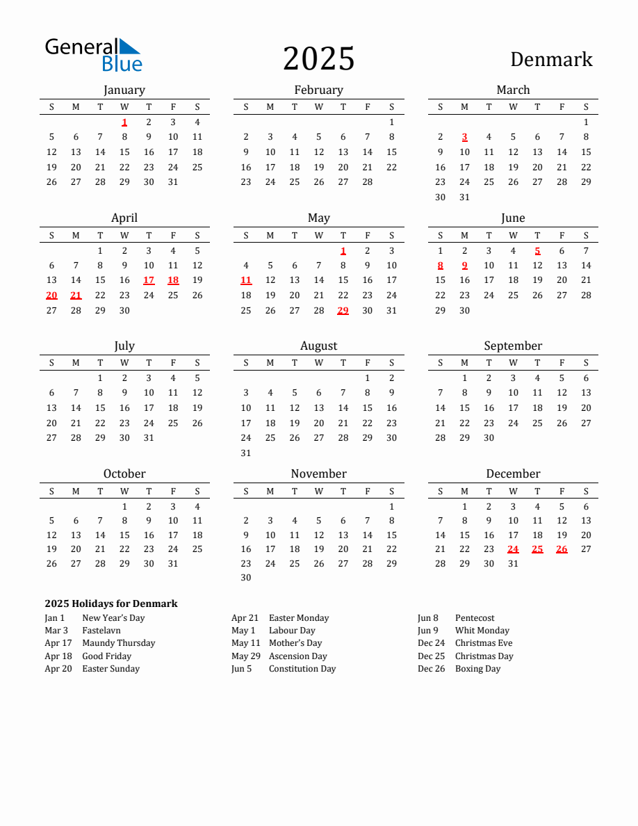 Free Denmark Holidays Calendar for Year 2025