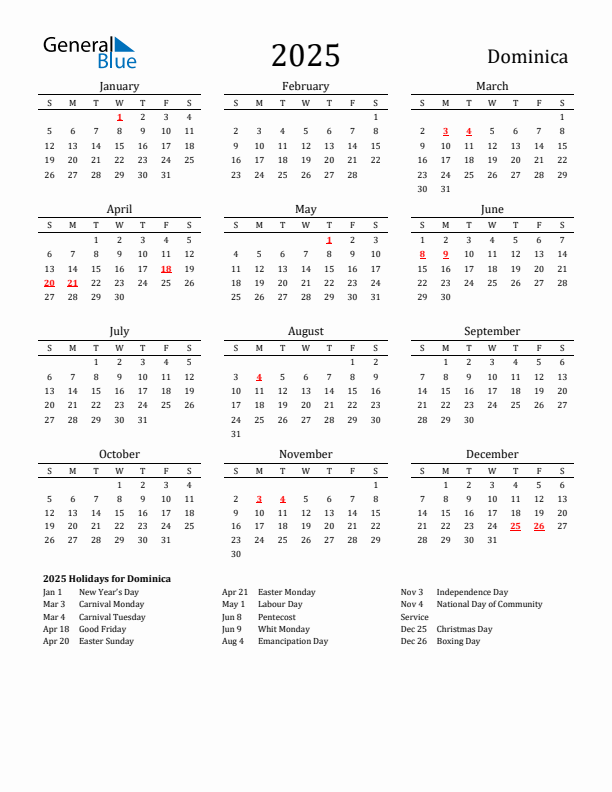 Dominica Holidays Calendar for 2025
