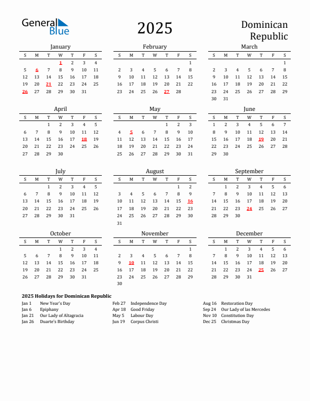 Dominican Republic Holidays Calendar for 2025