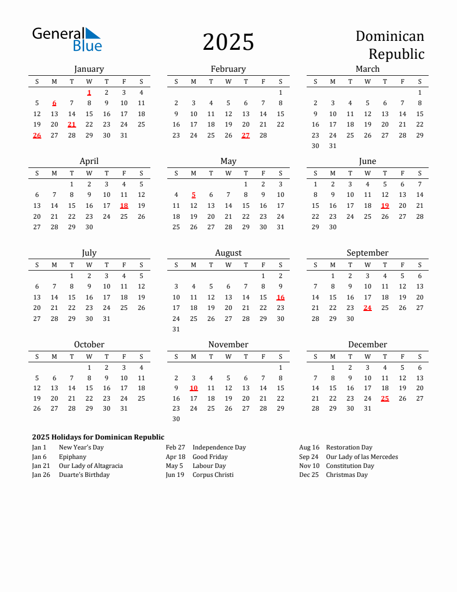 Free Dominican Republic Holidays Calendar for Year 2025