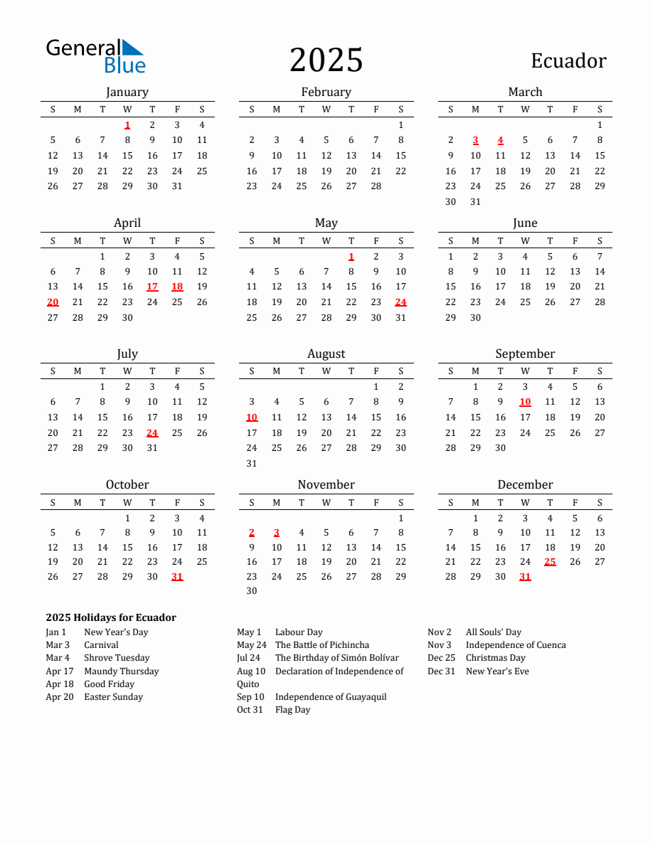 Free Ecuador Holidays Calendar for Year 2025