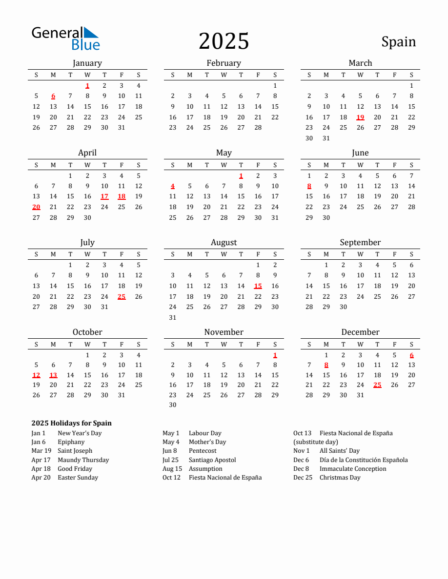 Free Spain Holidays Calendar for Year 2025