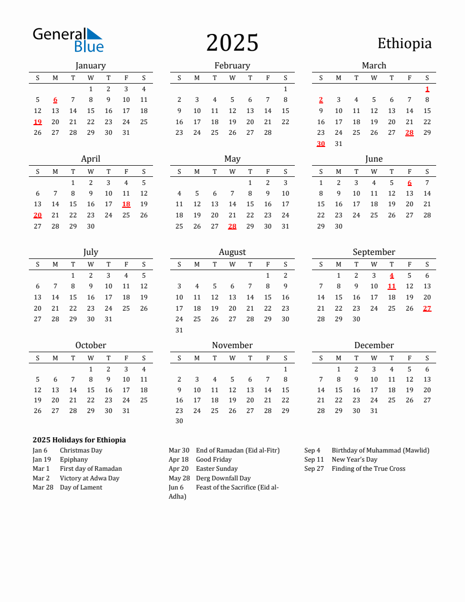 Free Ethiopia Holidays Calendar for Year 2025