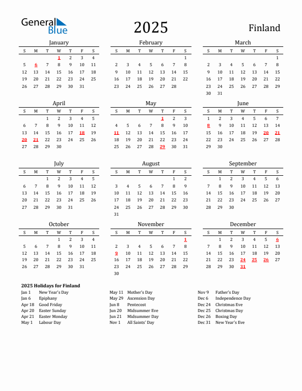 Finland Holidays Calendar for 2025