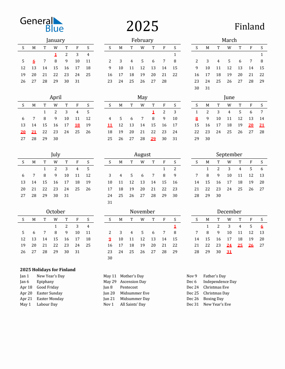 Free Finland Holidays Calendar for Year 2025