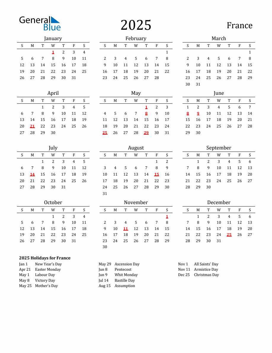 Free France Holidays Calendar for Year 2025