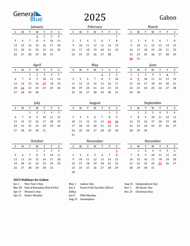 Gabon Holidays Calendar for 2025