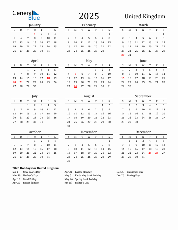 United Kingdom Holidays Calendar for 2025