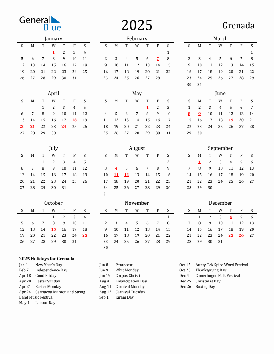 Free Grenada Holidays Calendar for Year 2025