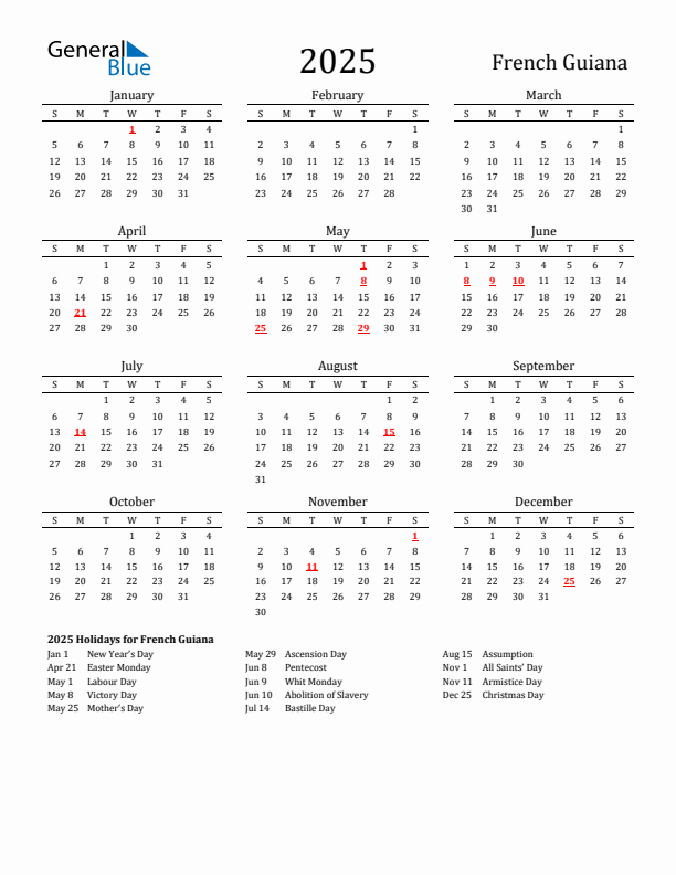 French Guiana Holidays Calendar for 2025