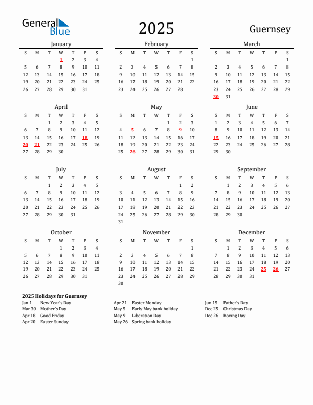 Guernsey Holidays Calendar for 2025