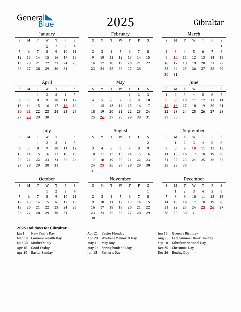Free Gibraltar Holidays Calendar for Year 2025