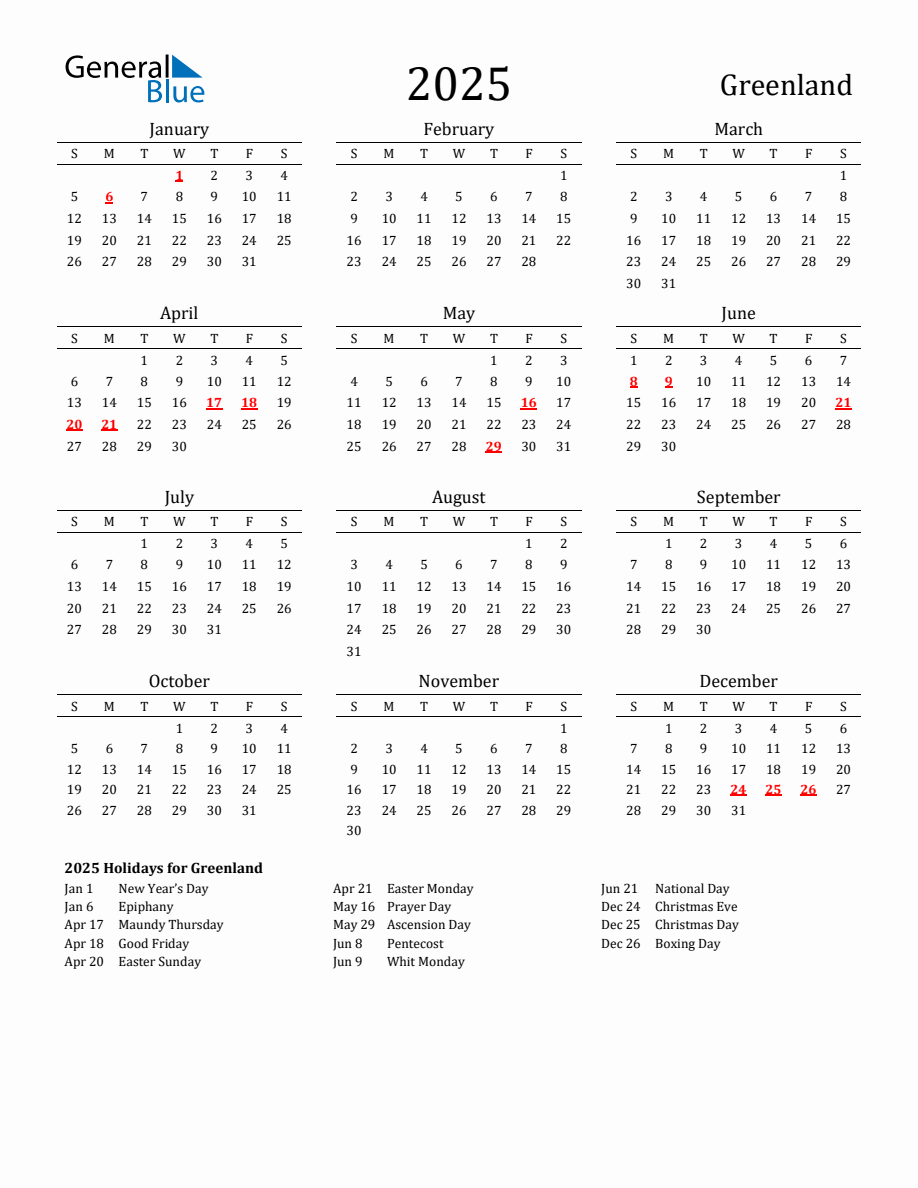 Free Greenland Holidays Calendar for Year 2025