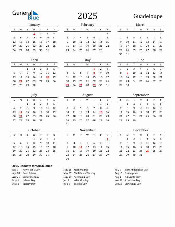 Guadeloupe Holidays Calendar for 2025