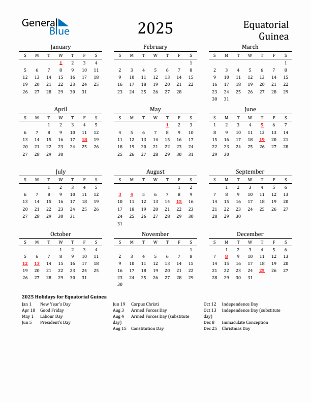 Equatorial Guinea Holidays Calendar for 2025