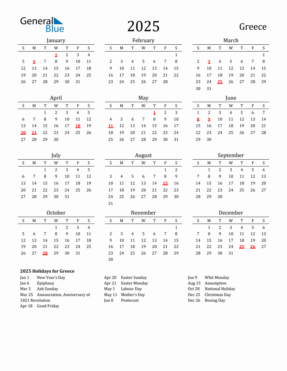 Free Greece Holidays Calendar for Year 2025