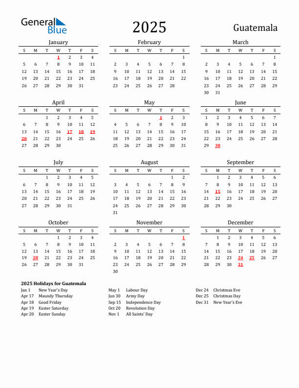 Free Guatemala Holidays Calendar for Year 2025
