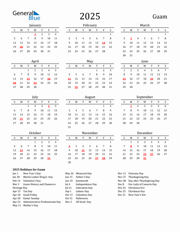 Guam Holidays Calendar for 2025