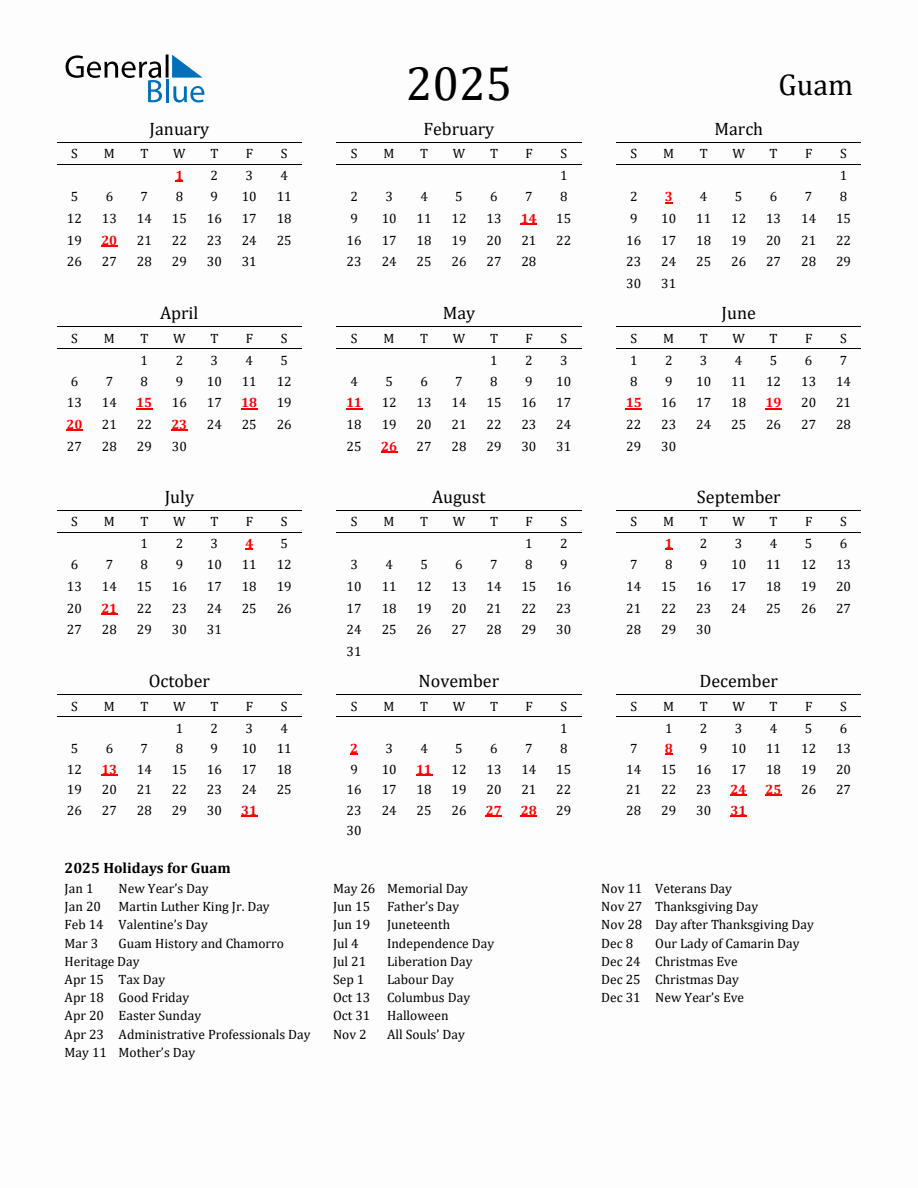 Free Guam Holidays Calendar for Year 2025