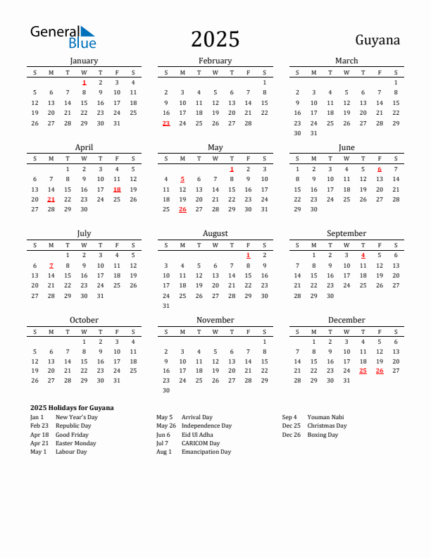 Guyana Holidays Calendar for 2025