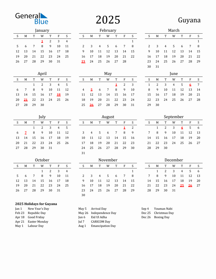 Free Guyana Holidays Calendar for Year 2025