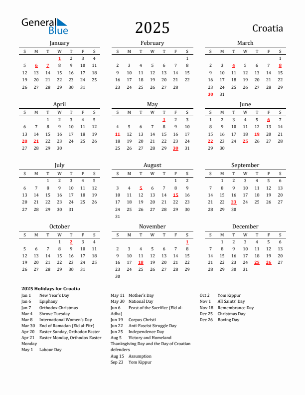 Croatia Holidays Calendar for 2025