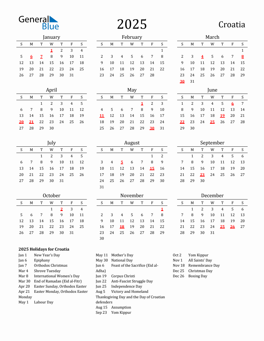 Free Croatia Holidays Calendar for Year 2025