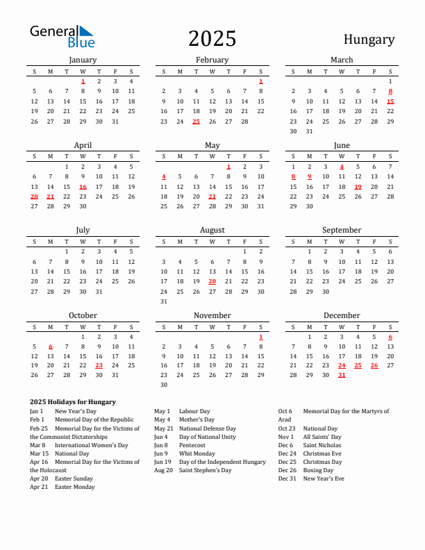 Hungary Holidays Calendar for 2025