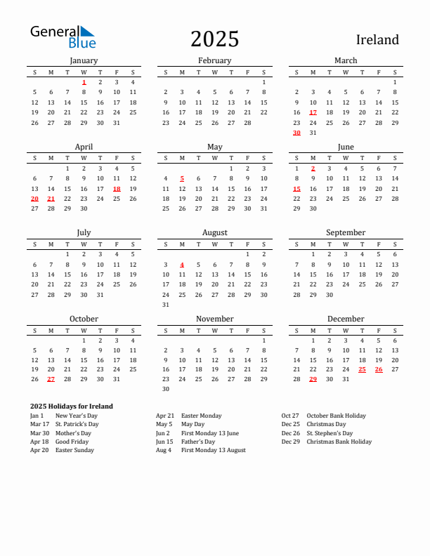 Ireland Holidays Calendar for 2025