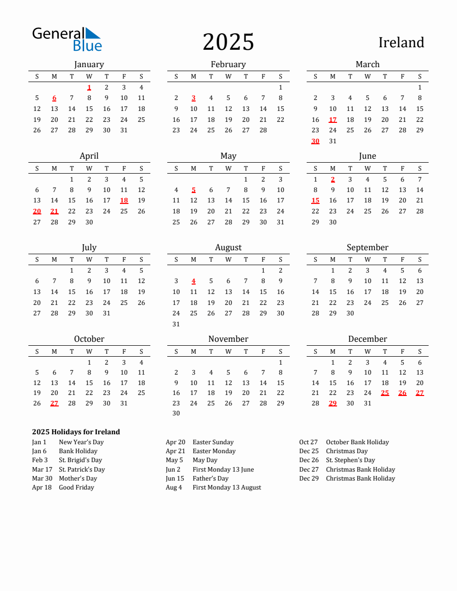 Free Ireland Holidays Calendar for Year 2025