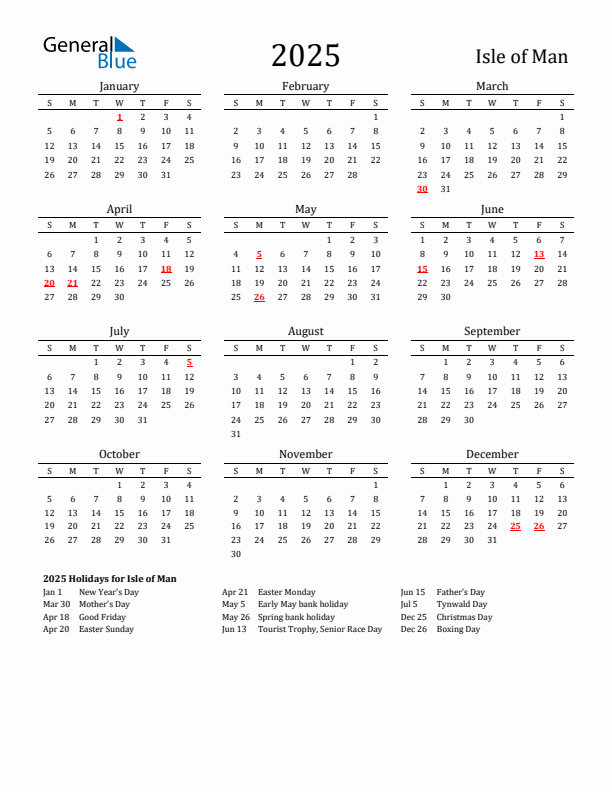 Isle of Man Holidays Calendar for 2025