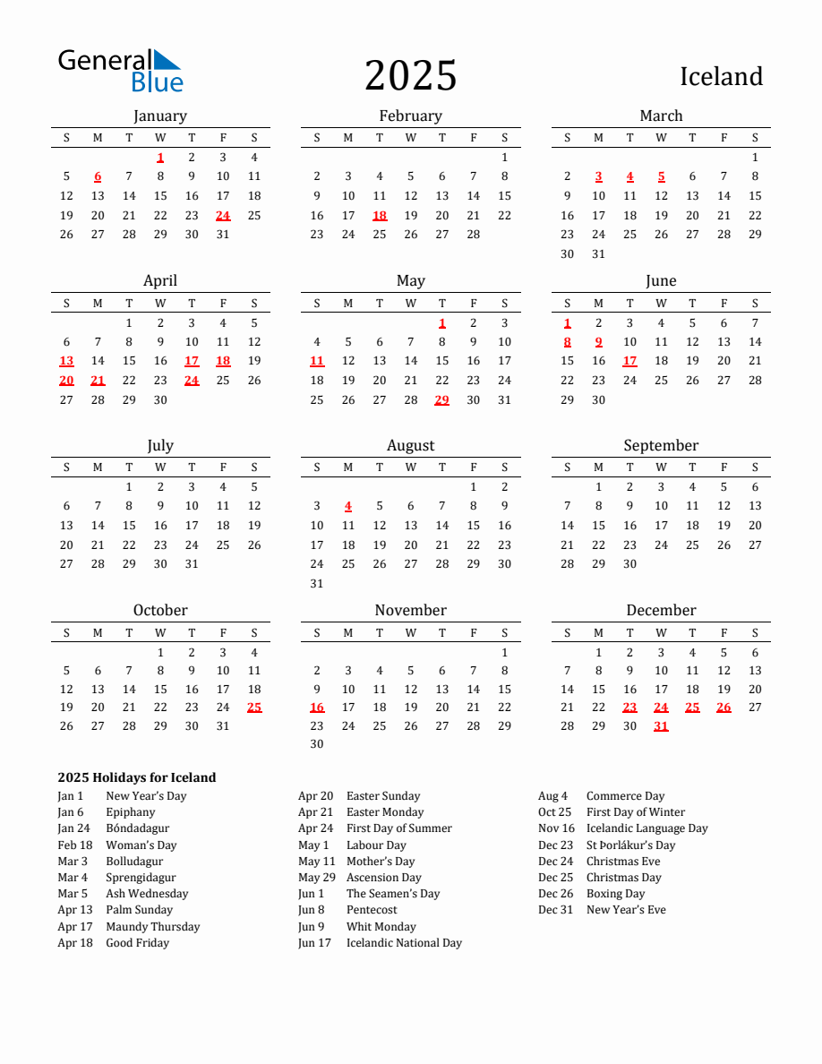 Free Iceland Holidays Calendar for Year 2025