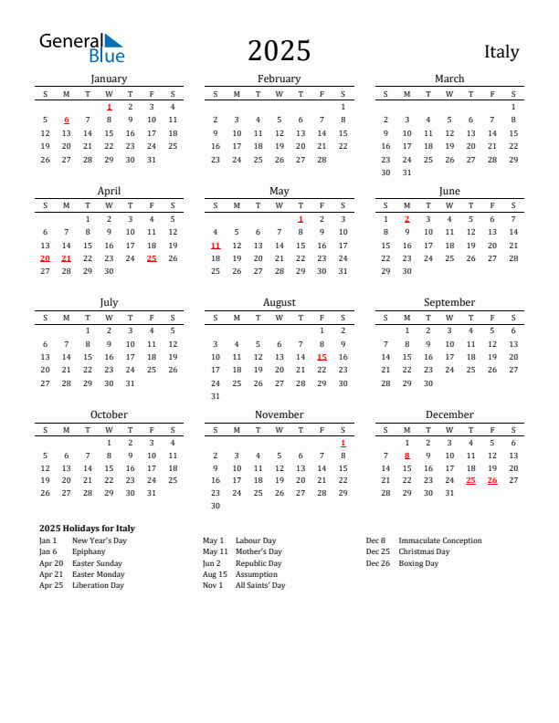 Italy Holidays Calendar for 2025