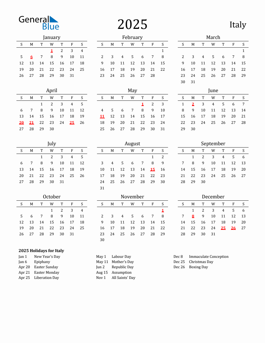 Free Italy Holidays Calendar for Year 2025