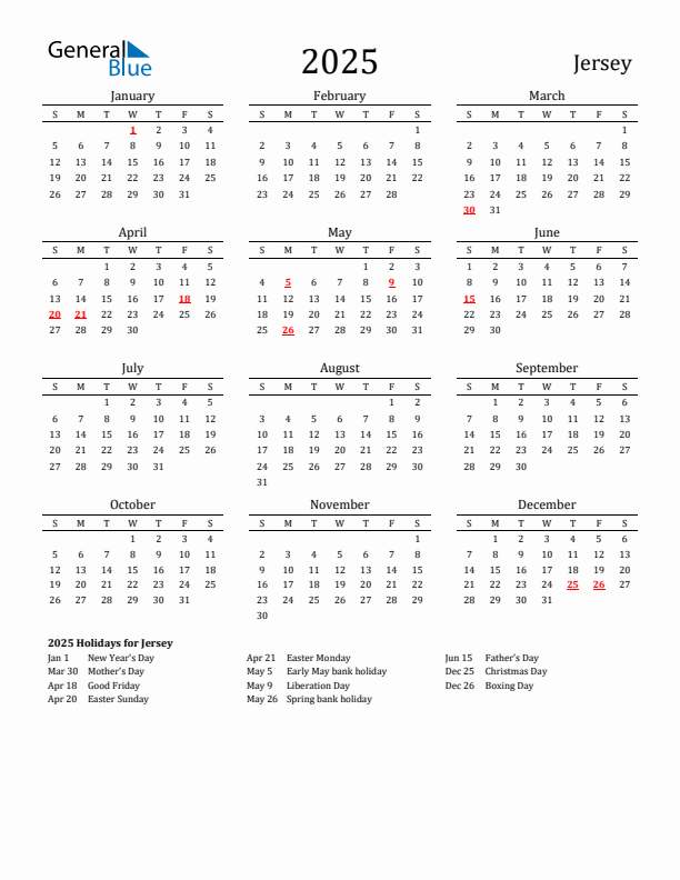 Jersey Holidays Calendar for 2025