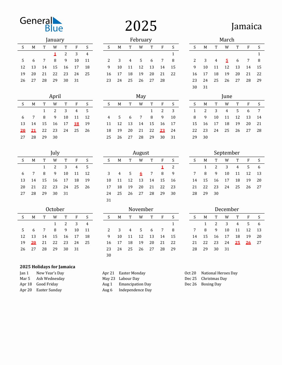 Free Jamaica Holidays Calendar for Year 2025